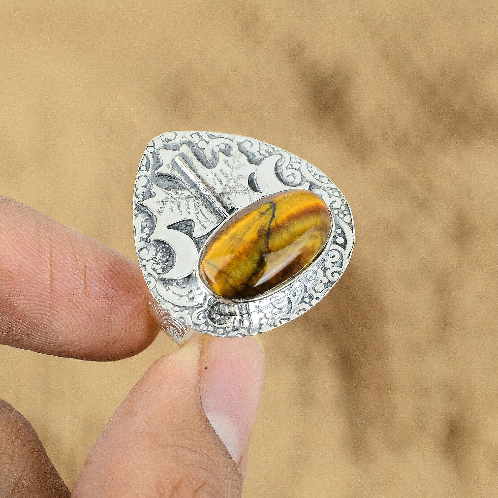 

925 Sterling Silver Tiger s Eye Stone Mother Art Deco Handmade Cresent Moon Ring Yes