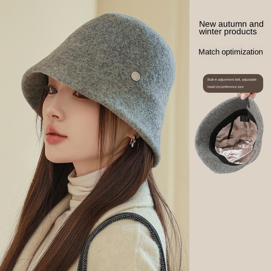 

Fisherman Hat Women Winter High Grade Wool Basin Hat Elegant Show Face Small Wide Rim Basin Cap High Grade Feel Bucket Hats 56-58cm