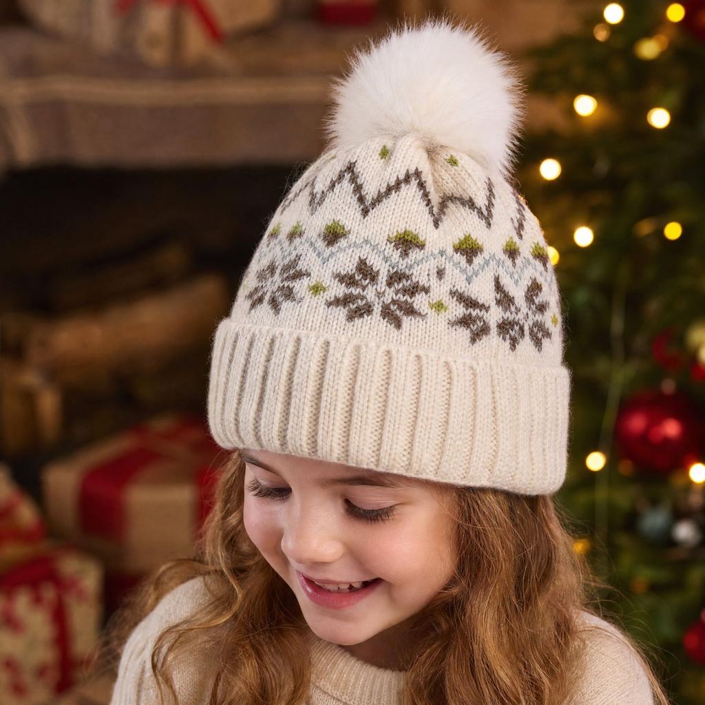 Kids Unisex Christmas Snowflake Knit with Ear Lined Thick Winter Hat