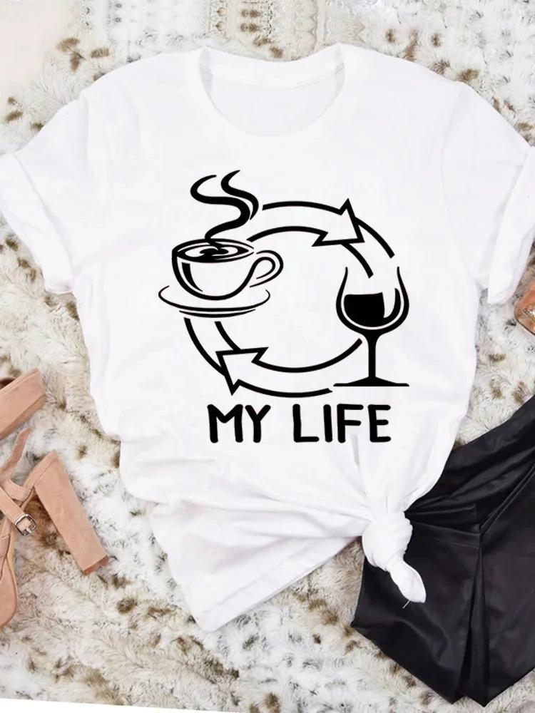 AM Coffee PM Red Wine TShirt Casual Short Sleeve Y2k Tops Womens Clothing Simple Design Fashion Harajuku White Graphic Tees