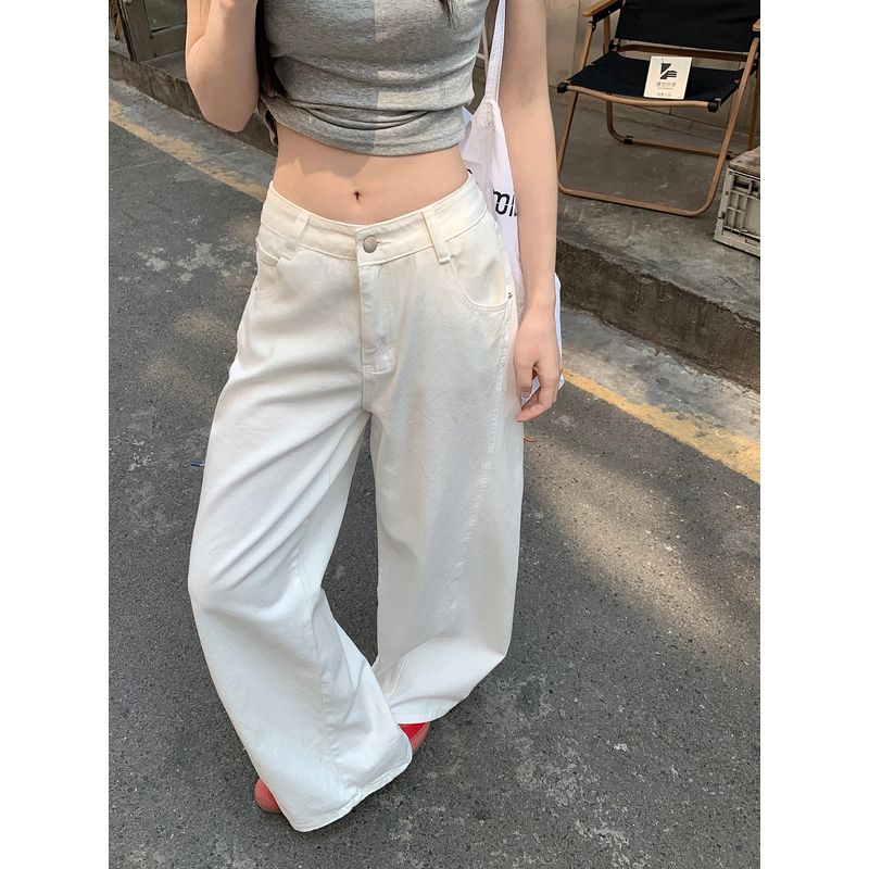 Washed White Denim Pants Women's Autumn Low Waist Loose Drooping Loose Pants Mop Pants Easiest for Match Machete Pants