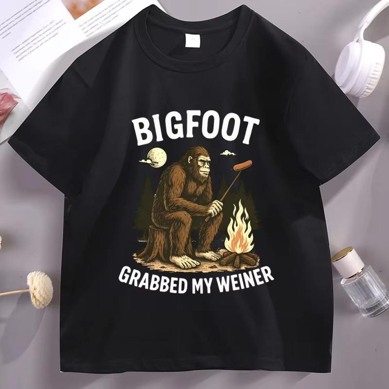 Bigfoot Grabbed My Weiner T Shirt Campfire Sasquatch TShirt Bigfoot Camping Tshirt Breathable Casual Round Neck Unisex Tees Top S