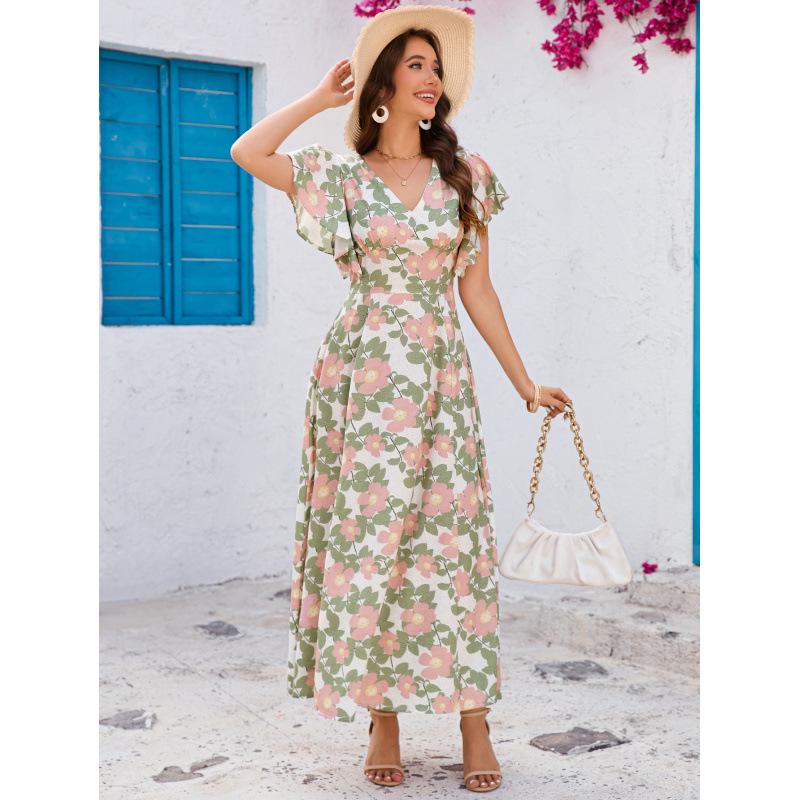 

Женское платье с принтом, V-образным вырезом и короткими рукавами, присборенное на талии платье средней длины с рукавами в виде листьев лотоса в отпускном стиле XL розовый