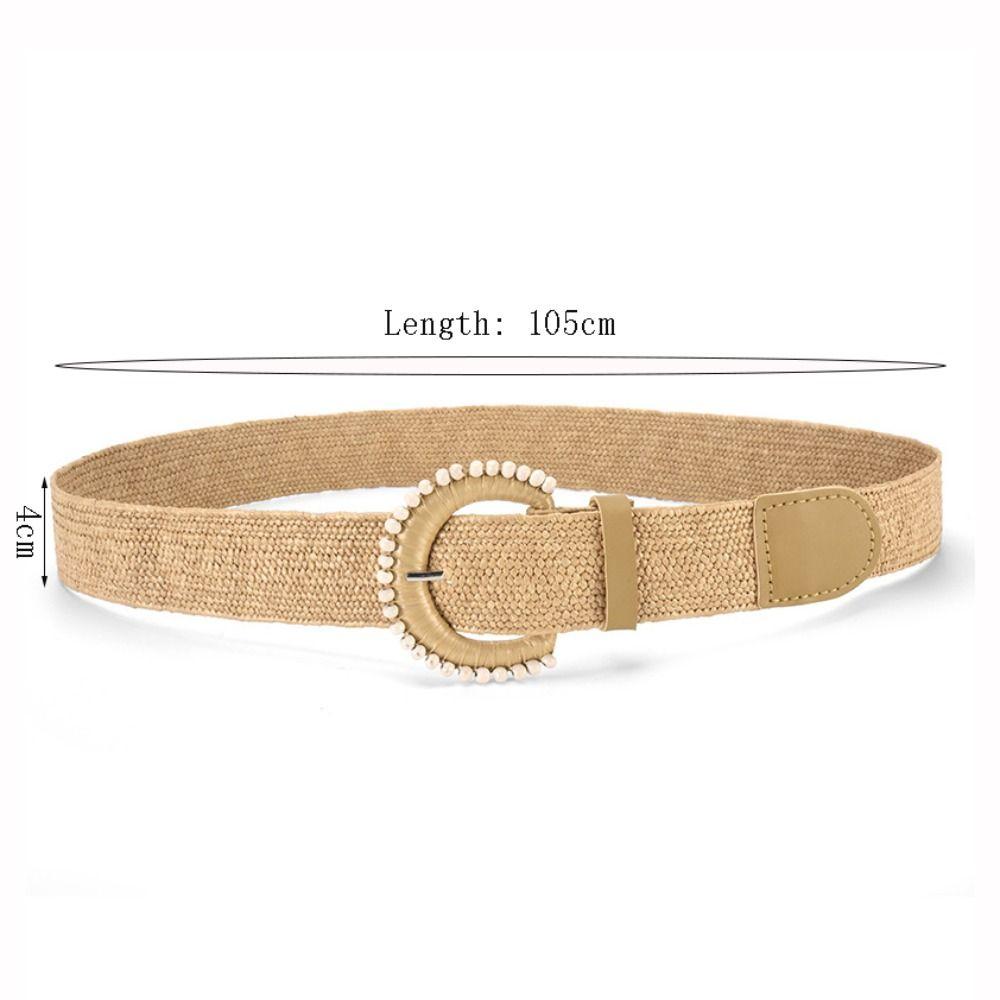 Retro Braided Elastic Belt Bohemian Style Faux Pearl Decor Woven Elastic Belt Durable Adjustable Straw Woven Belt for Women