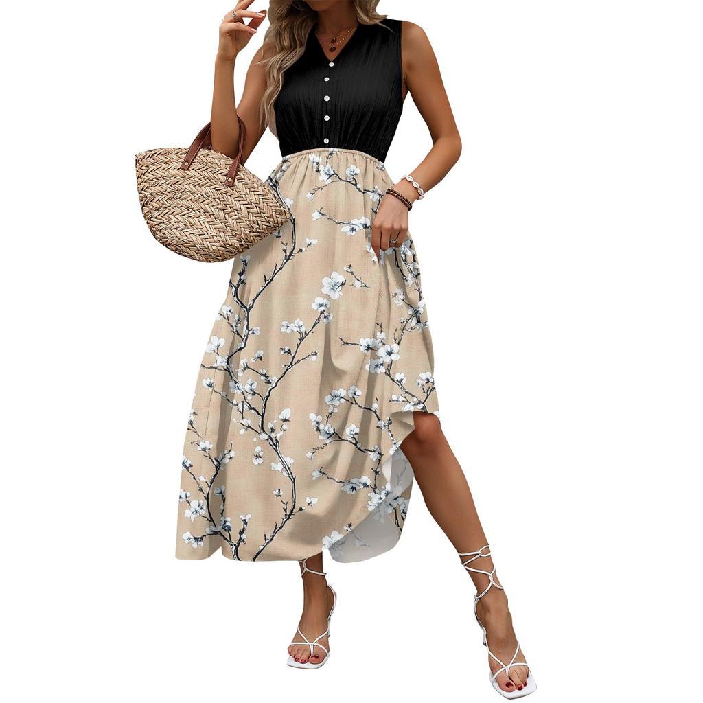 Women's Casual And Fashionable V-neck  Sleeveless Printing Mid Length Dress
