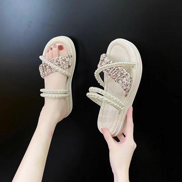 

thick-soled cross-cool slippers women s summer wear new pearl with skirt beach sandals 40