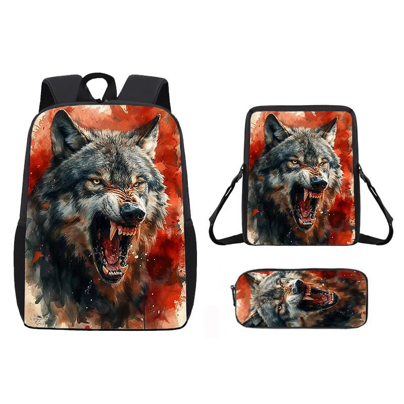 Pattern Animal Wolf Backpack Kids Shoulder Bag Pencil Case Student Use School