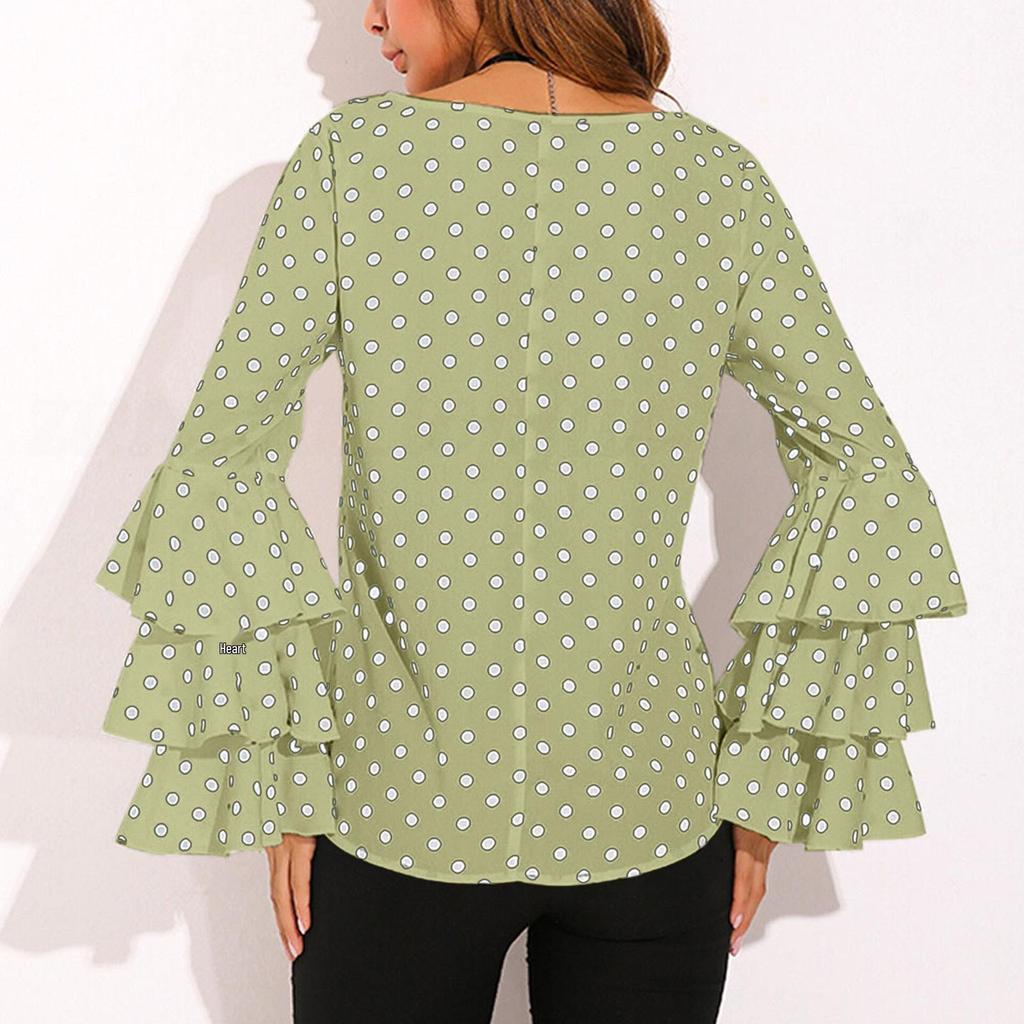 European & American Polka Dot Bell Sleeve Plus Size Chiffon Blouse