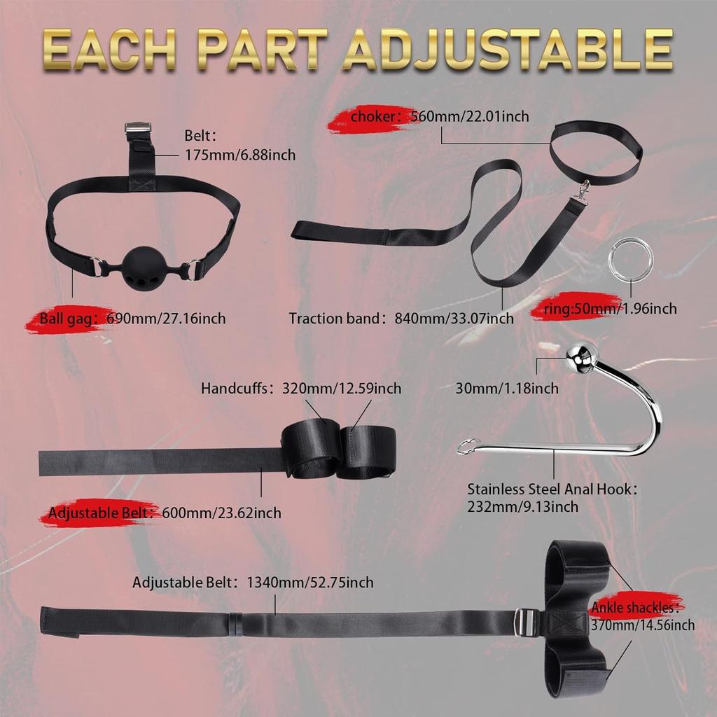 Bondage Restraints BDSM Sex Toys - Restraints Kit Neck To Wrist, Adjustable Handcuffs Ball Gag & Sex Collar with Chain for SM Bedroom Bondage