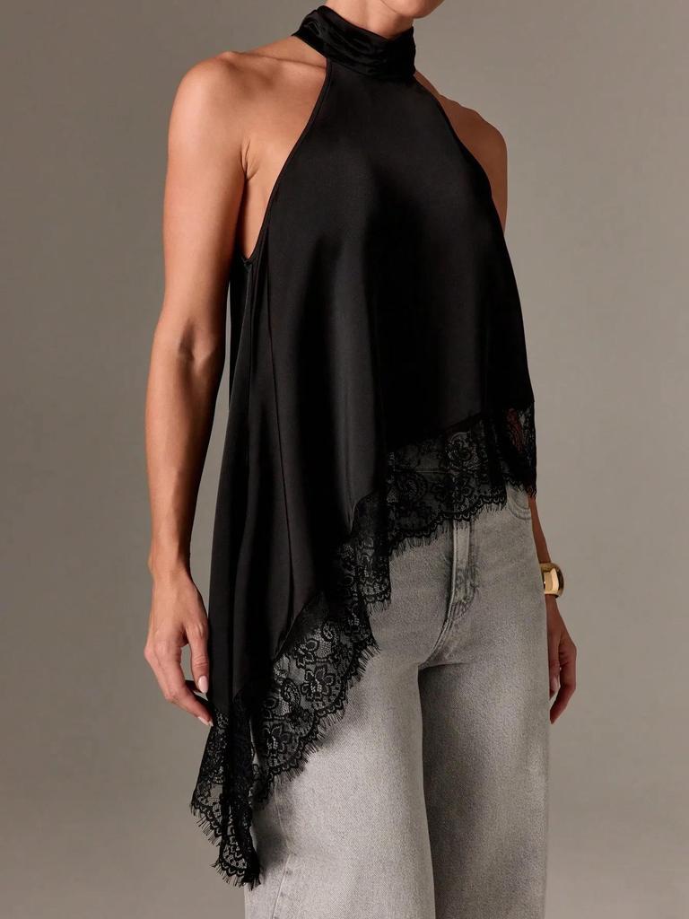2025 Women's Satin Halter Neck Sleeveless Asymmetrical Camisole with Lace Trim