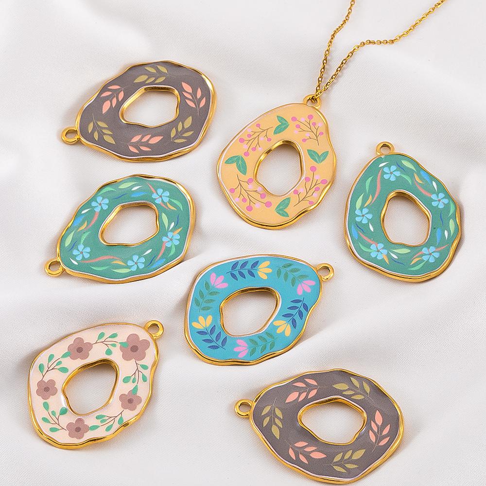 2pcs Stainless Steel Pendants Gold Plated Multicolor Flower Pattern Natural Scenery Printed Charm for DY Necklace Jewelry Making
