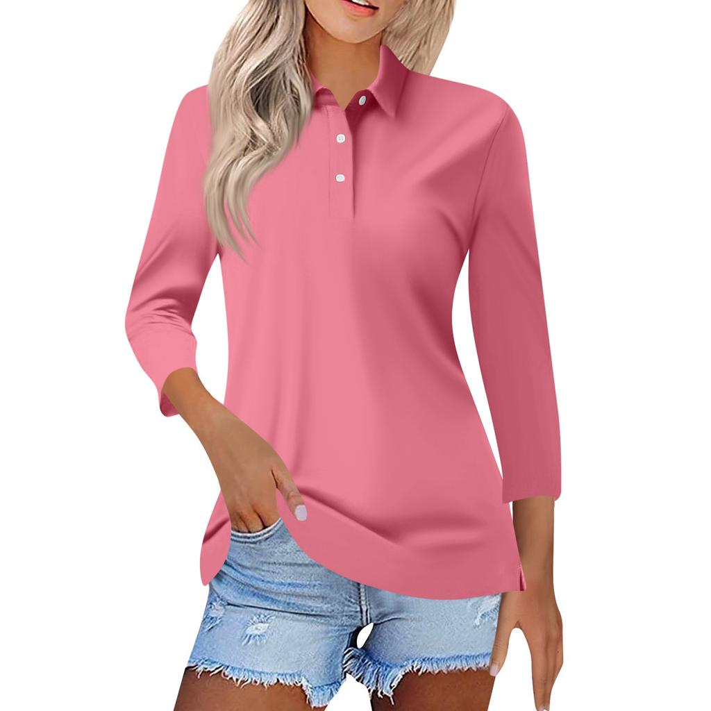 Dámská Módní Ležérní Límec Krátký 3/4 Rukáv Barevná Košile Dámské Knoflíky Nahoru Topy