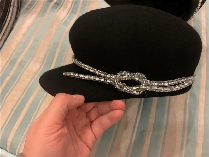 

chic elegant winter wool felt luxury large shiny rhinestone flowers chain lady Octagonal hat women visors cap One Size
