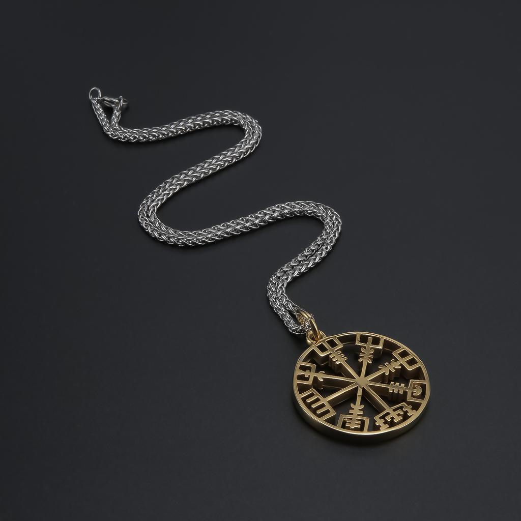 Gold Viking Necklace Men's, Viking Odin Logo Titanium Steel Hollow Compass Men's Pendant Necklace