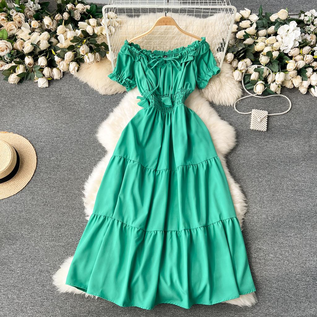 Vintage Elegante Slash Neck Kurzarm Kleid A-linie Mode Chiffon Frühling Herbst Frauen Kleider