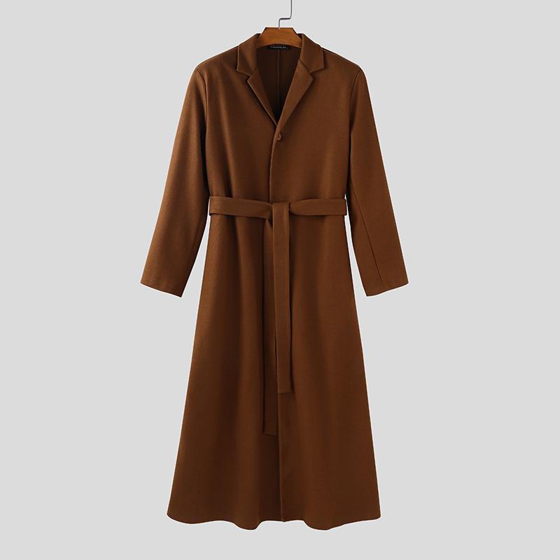 INCERUN Winter Autumn Men Long Sleeve Long Coat Belt Waist Casual Woolen Overcoat