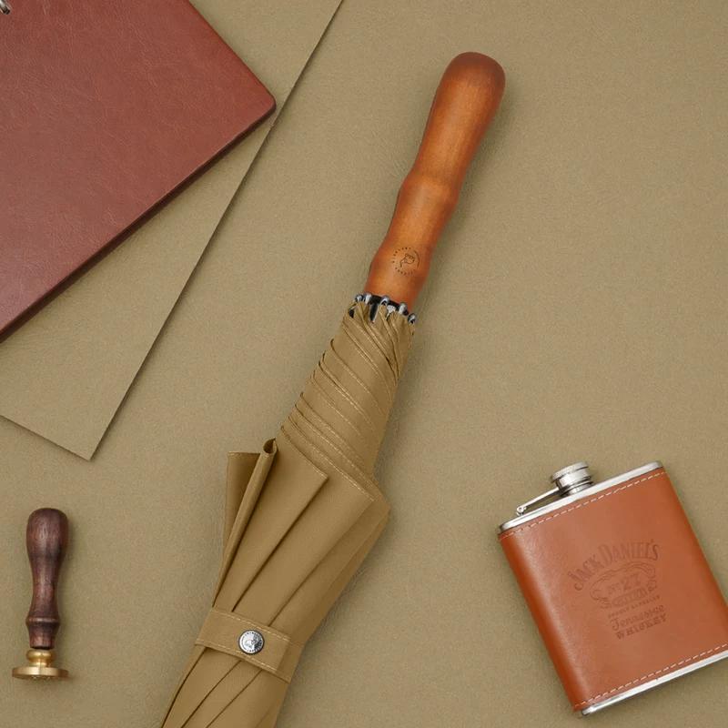 Ombrello Lungo Rinforzato Antivento da 120 cm per Uomo con Manico in Legno, Ombrello Lungo Dritto Automatico a Doppia Persona