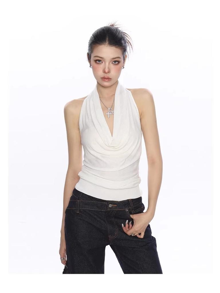 #Summer Korean Version Swinging Collar Neck Sling Vest Women's Sleeveless Slim Slim Backless Integrated with Chest Pad