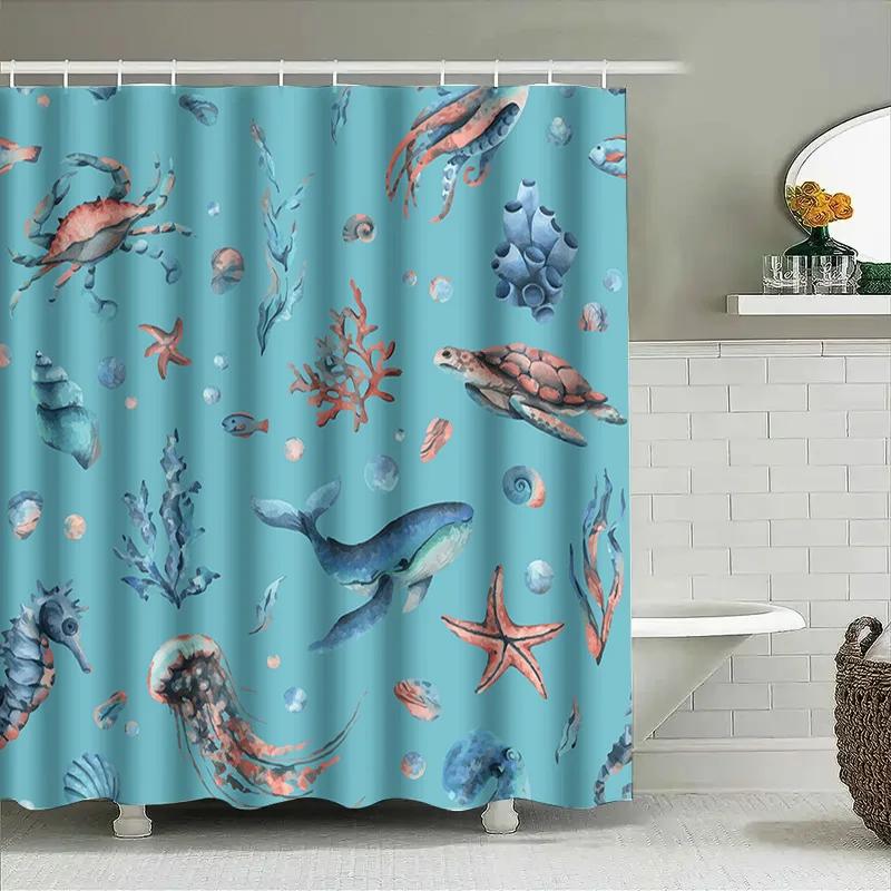 Vibrant Underwater Life Shower Curtain Set Blue Seaweed Marine Animal Pattern For Bath Decor 3D Printed Waterproof Shower Cloth