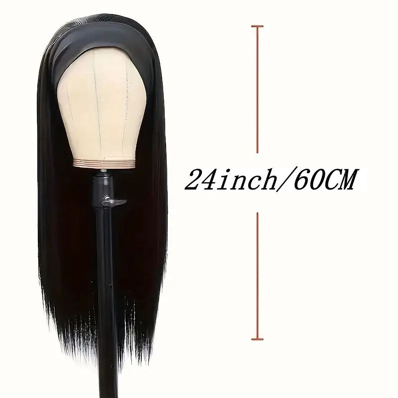 Meier Women's headscarf wig black ice silk headband long straight hair wig headwear