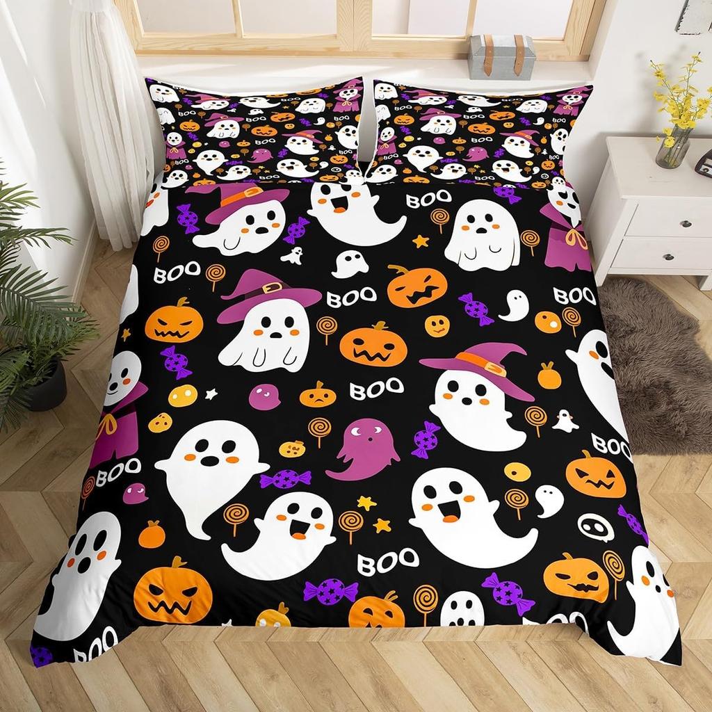 Halloween Ghost Duvet Cover Kawaii Cartoon Ghost Bedding Set Twin Queen For Boys Girl Room Decor Happy Halloween Comforter Cover