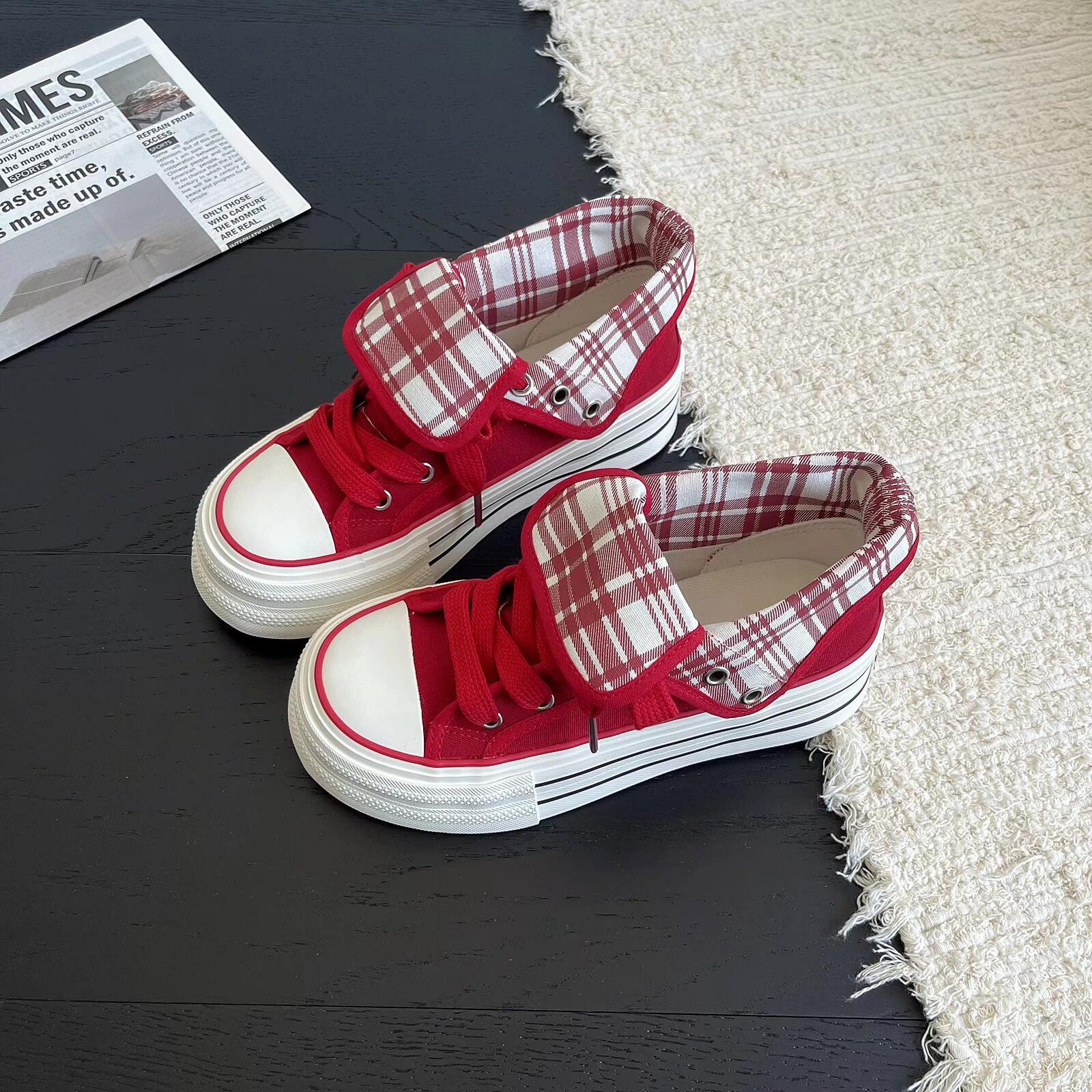 

Жіночі ретро кеди з високим верхом з парусини 2025: Товстопідошовний, Збільшуючий зріст, Повсякденний Осінній Дизайн. 38 червоний