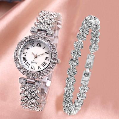 Yousheng 2Pcs/Set Women Watch Bracelet Kit Round Dial Shiny Rhinestones Inlaid Roman Numerals Pointer Display Accurate Decorative Gift Lady Quartz