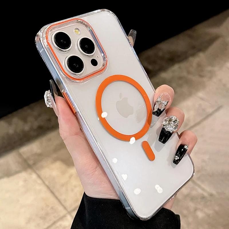 For Magsafe Phone Case For iPhone 17 16 15 14 13 Pro Max Plus 16e 17 Air Metal Buttons Transparent Clear PC Hard Cover