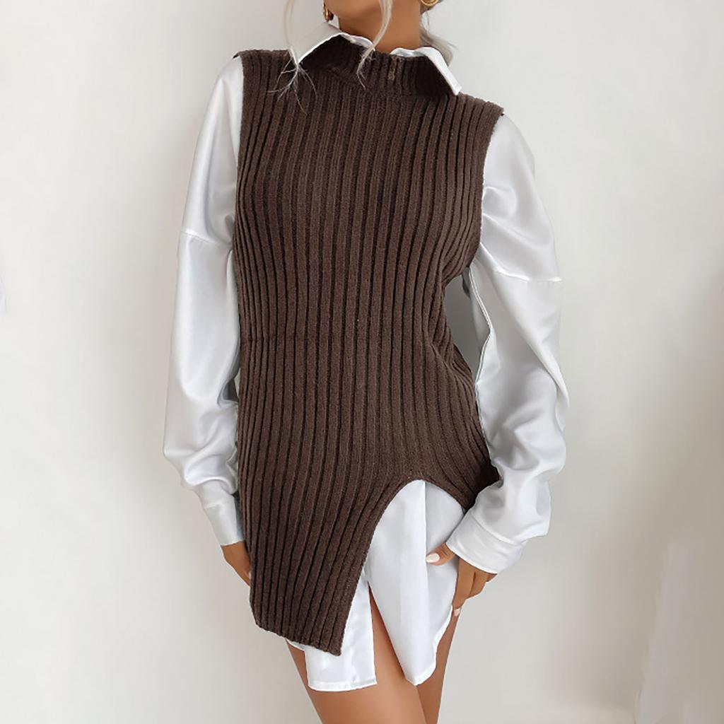 Women V-neck Solid Color Casual Half High Collar Sleeveless Vest Vintage Knitting Sweater