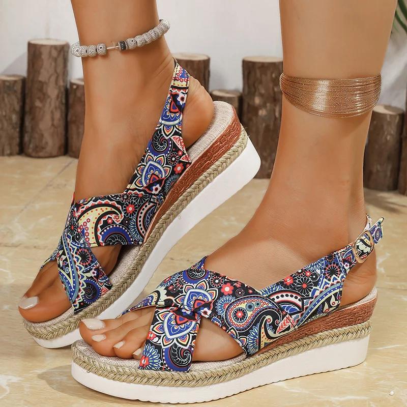 

Fashion Bohemian Cross Strap Platform Sandals Women Retro Soft Sole High Heel Sandal Woman Summer Plus Size Open Toe Sandalias Mujer 43 синий