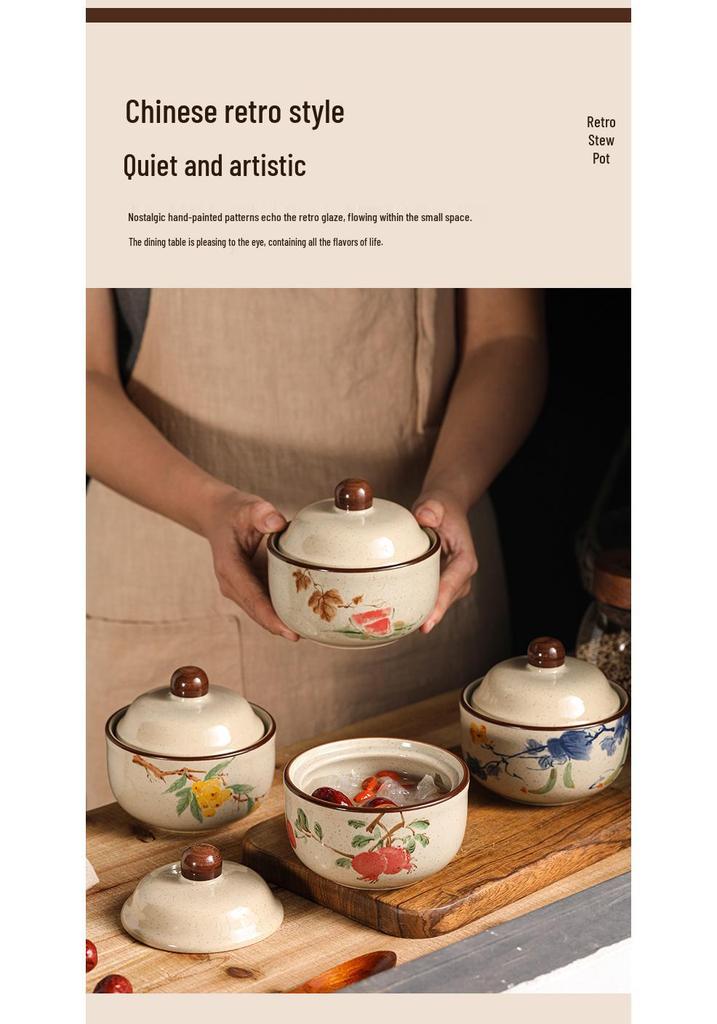 Chinese Retro Ceramic Single-Serve Stew and Soup Pot with Lid