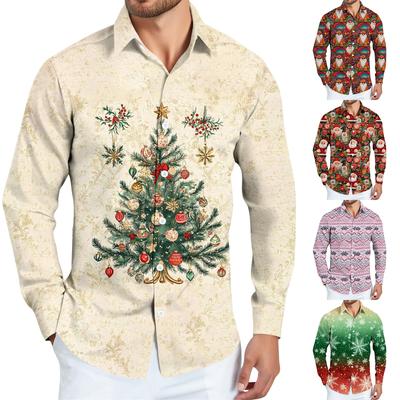 Men's Christmas Shirt Christmas Print Long Sleeve Button Shirt