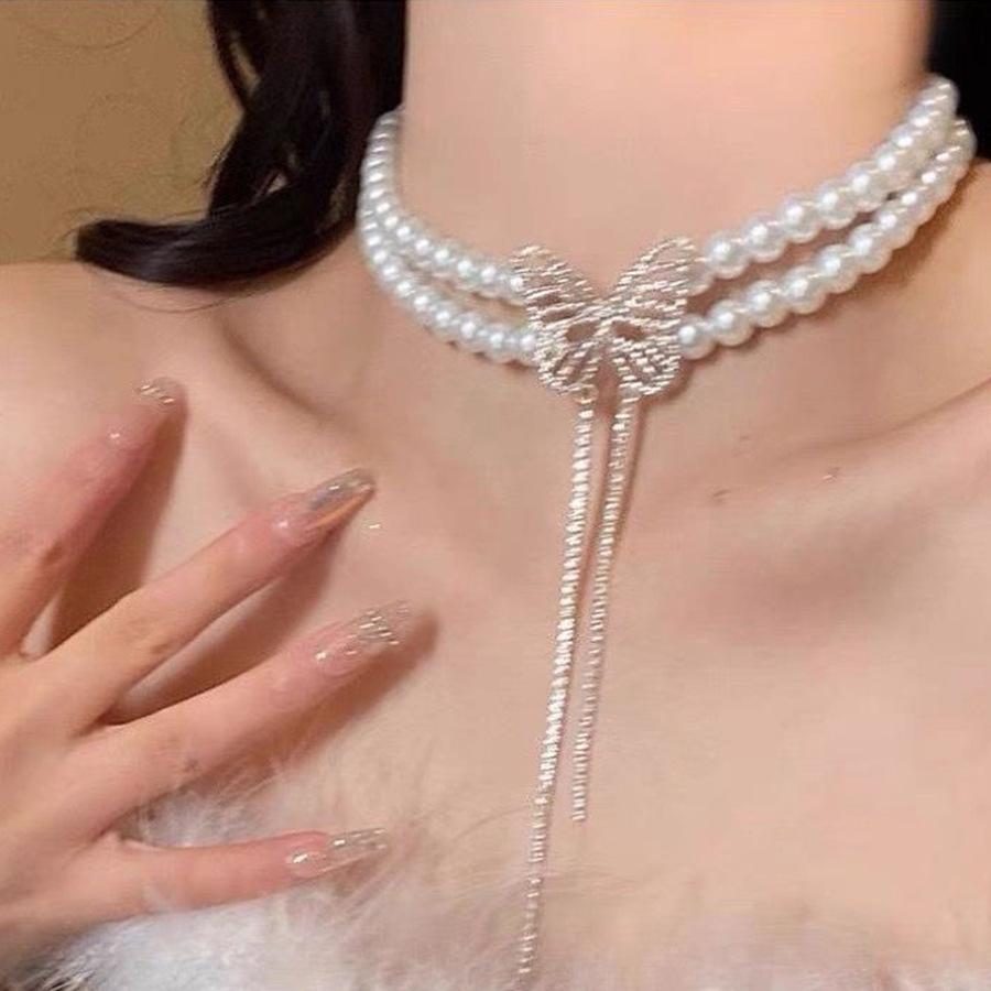 

Розкішне двошарове намисто з діамантами, перлами та китицями - Модне, елегантне кольє на ключицю для жінок