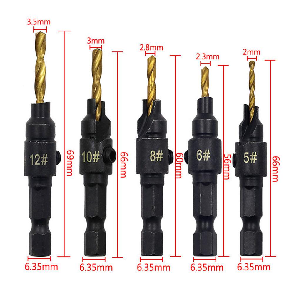 5PCS Countersink Drill Bit Set High Speed Steel with 1 Free Hex Key Wrench for Woodworking and Carpe