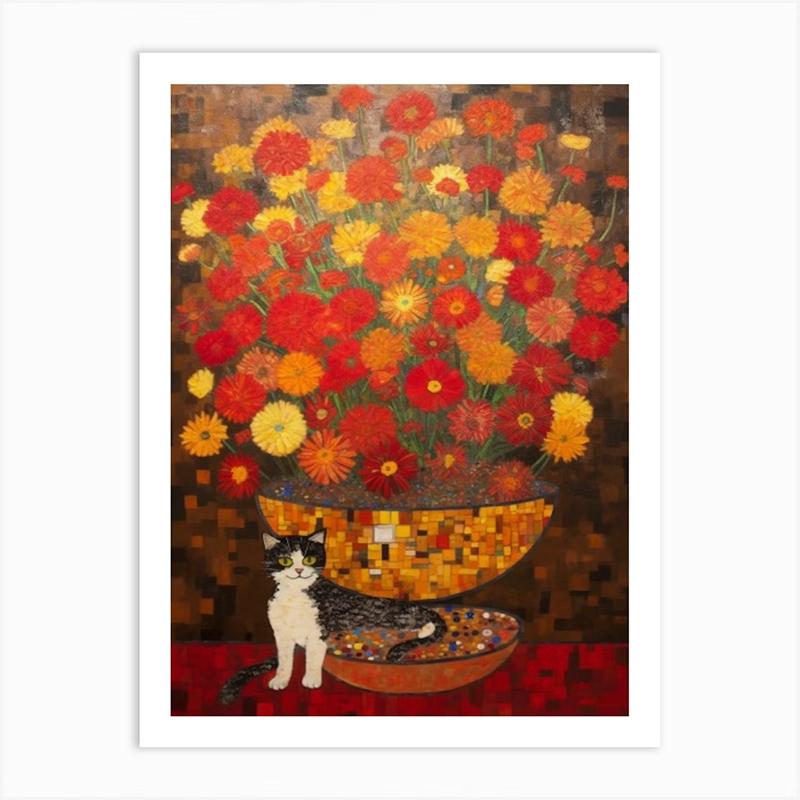 

Вінтажний букет, квітка, лотос, лілії з котом, модерн, стиль Клімта, художній друк, плакат, картина на полотні, настінна картина, декор кімнати 60x80cm No Frame