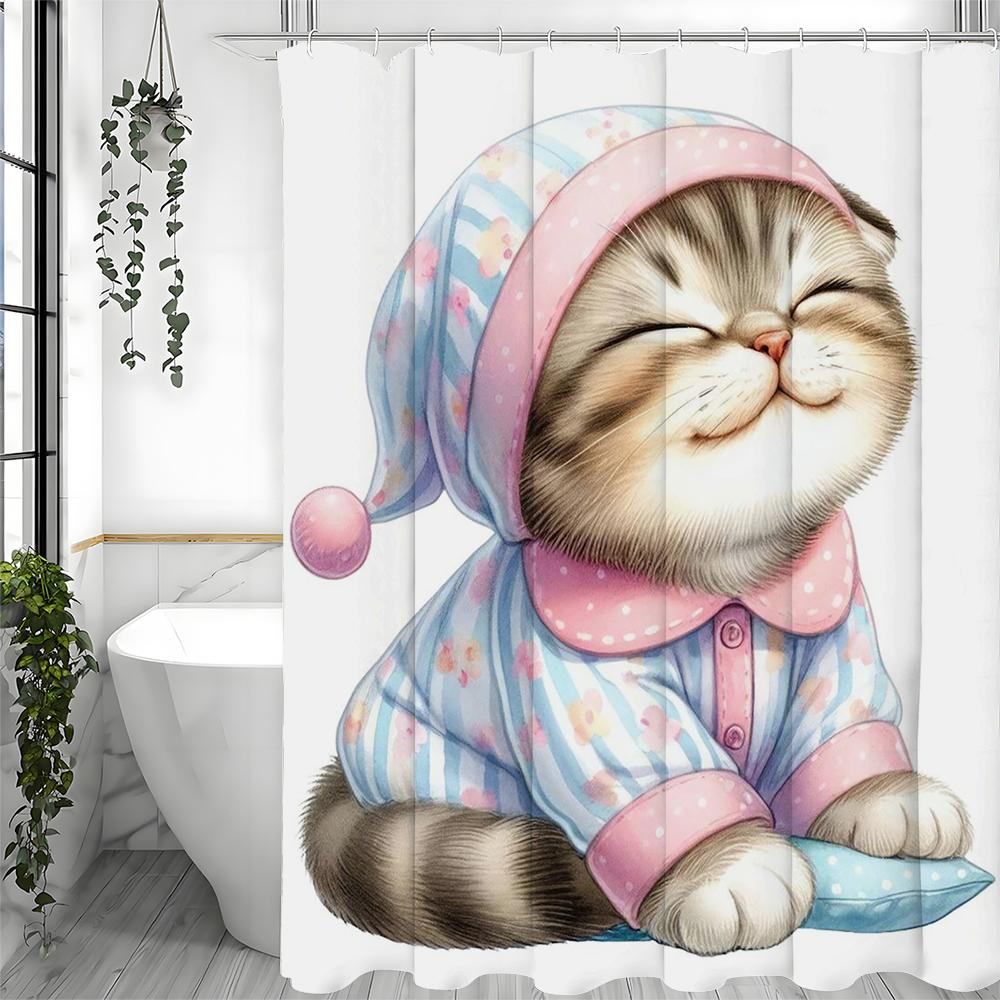 Cute cat sitting in pajamas on soft cushion Shower Curtain, Bathroom Decorative Shower Curtain, Waterproof Shower Curtain with H