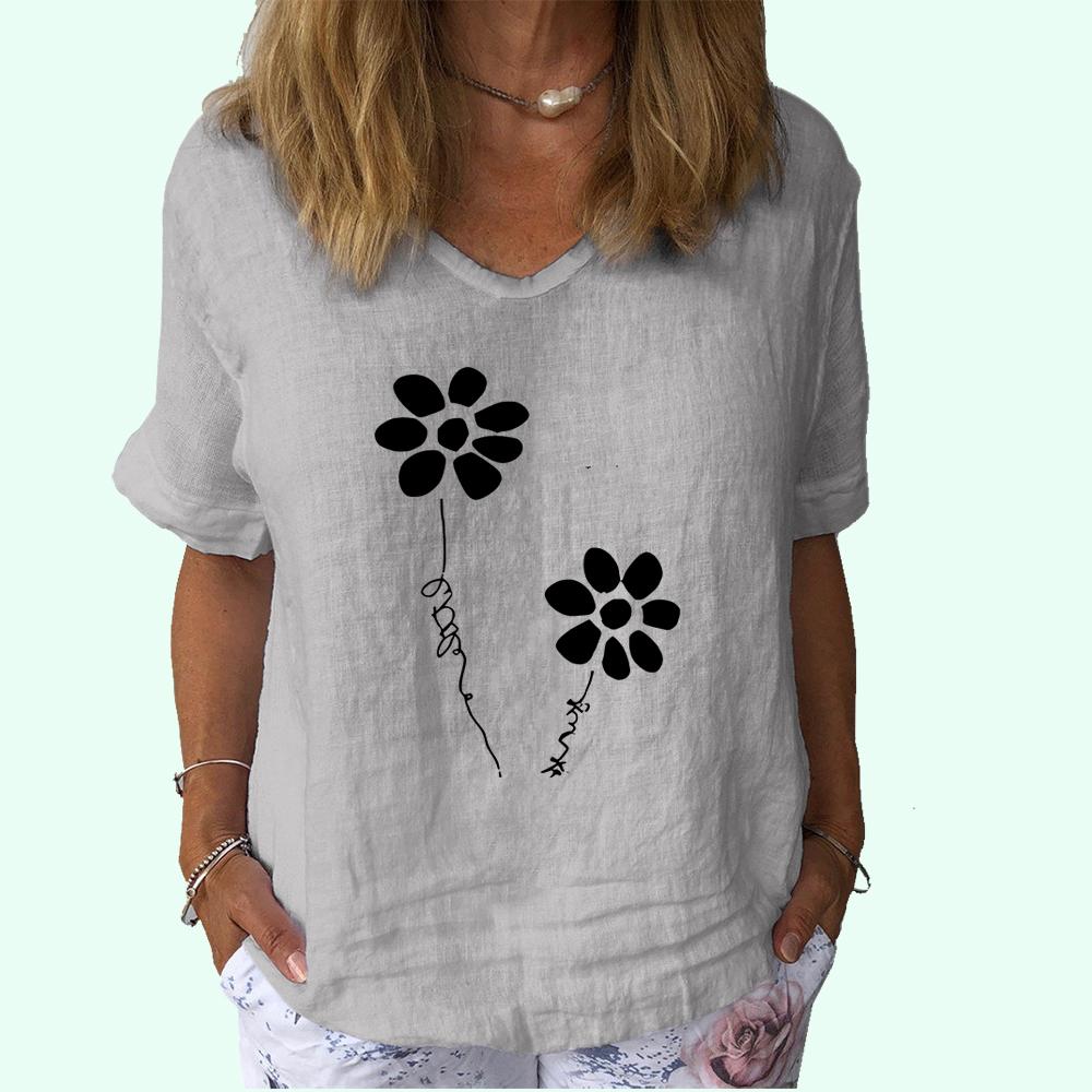 

Женская модная футболка с V-образным вырезом, повседневная, из хлопка и льна, с коротким рукавом, женская футболка с принтом 3XL