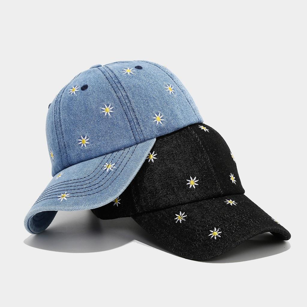 Embroidered Daisy Flower Denim Baseball Hat With Sunshade For Casual Day Out