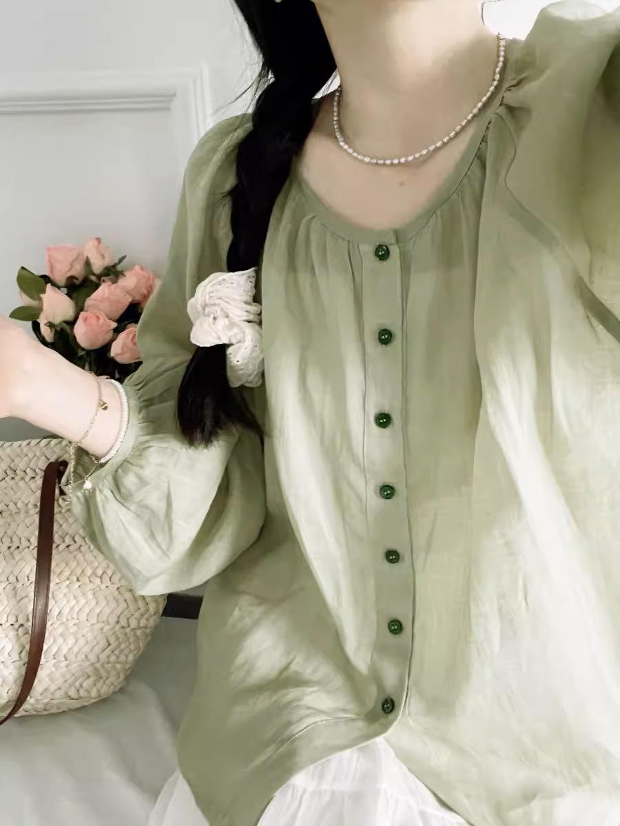 

Самостоятельно окрашенный в зеленый! Женская летняя рубашка из натуральной рами, выстиранной дрожжами, свободного кроя, с круглым вырезом и рукавом 3/4 - 100 штук. Small