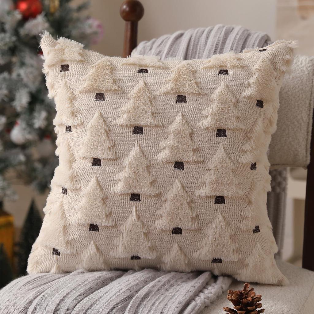 Christmas Tree Fleece Cushion Cover with Star Embroidery - Holiday Sofa Decoration Pillow Cover