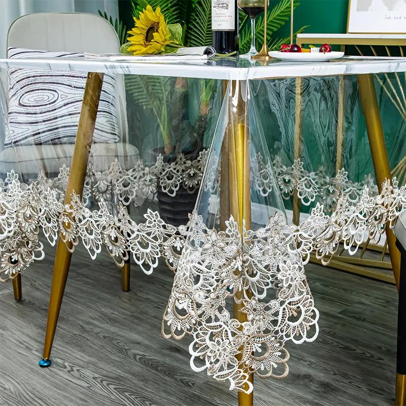 

Lace Embroidered Pvc Tablecloth Waterproof Oil-Proof Rectangle Table Cloth Clear Transparent Dining Tables Cover Party Decor New 80X80cm