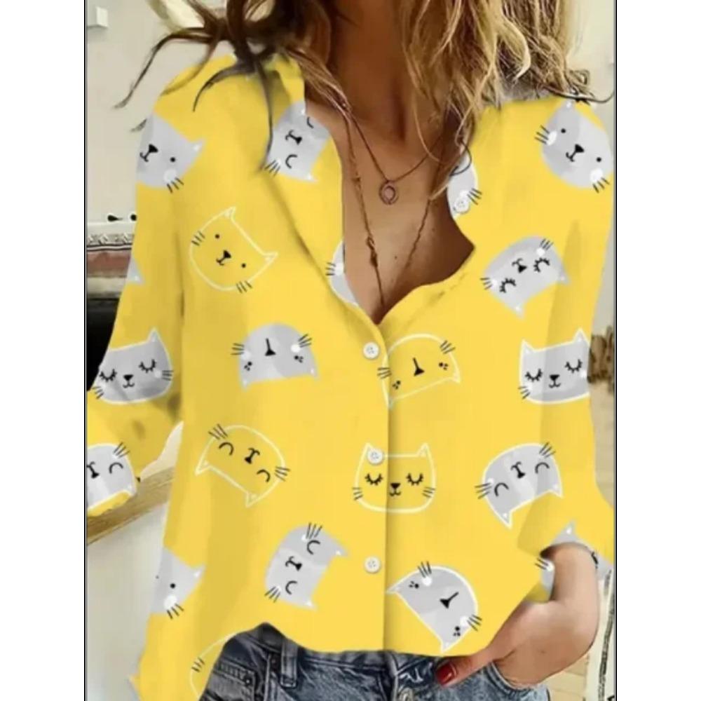 Autumn Women Clothing Cute Animal Prints Shirt Tops Cartoon Cat Pattern Personalized Street Long Sleeve Fashion Women's Blouses