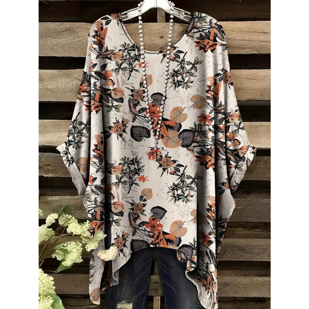 Bohemian Top for Women Elegant Colour Floral Graphics Design Round Neck Irregular Hem Women Casual Fashion Women Vacation Tops