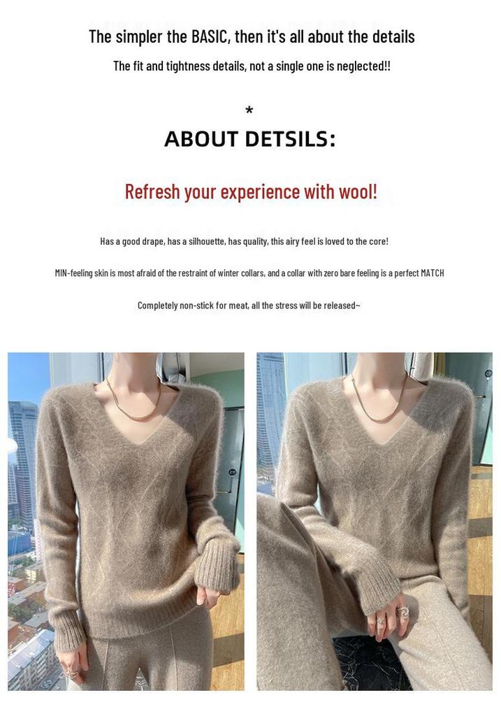 Women's Solid Color V-Neck Wool Pullover Sweater - Loose Fit, Thickened for Autumn/Winter