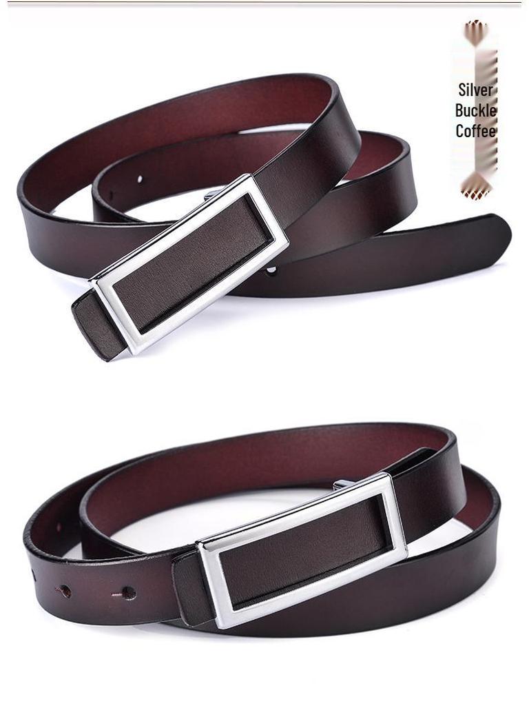 Cinturón de cintura rectangular de cuero genuino para mujer con hebilla lisa - Cinturón versátil casual de piel de vaca para pantalones