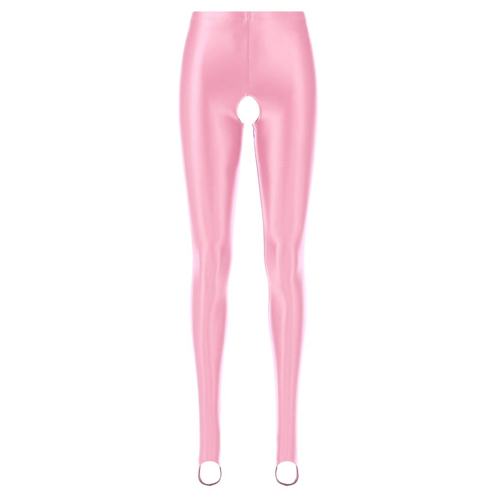 Damen Glänzende Open-Crotch Steg-Leggings Dehnbar Glatt Mittlere Taille Elastischer Bund Skinny Hosen