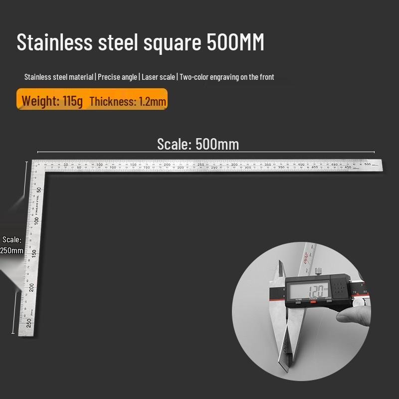 High-Quality Stainless Steel Multi-Functional L-Square Ruler, 300mm & 500mm, for Woodworking and Angled Measurements.