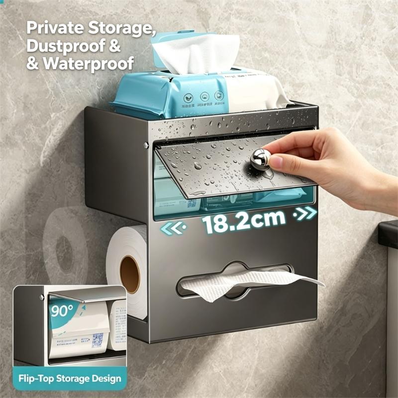 Adhesive Wall Mount Toilet Paper Storage Box with Covered Section and Upper Tray, Bathroom Tissue Case for Daily Use
