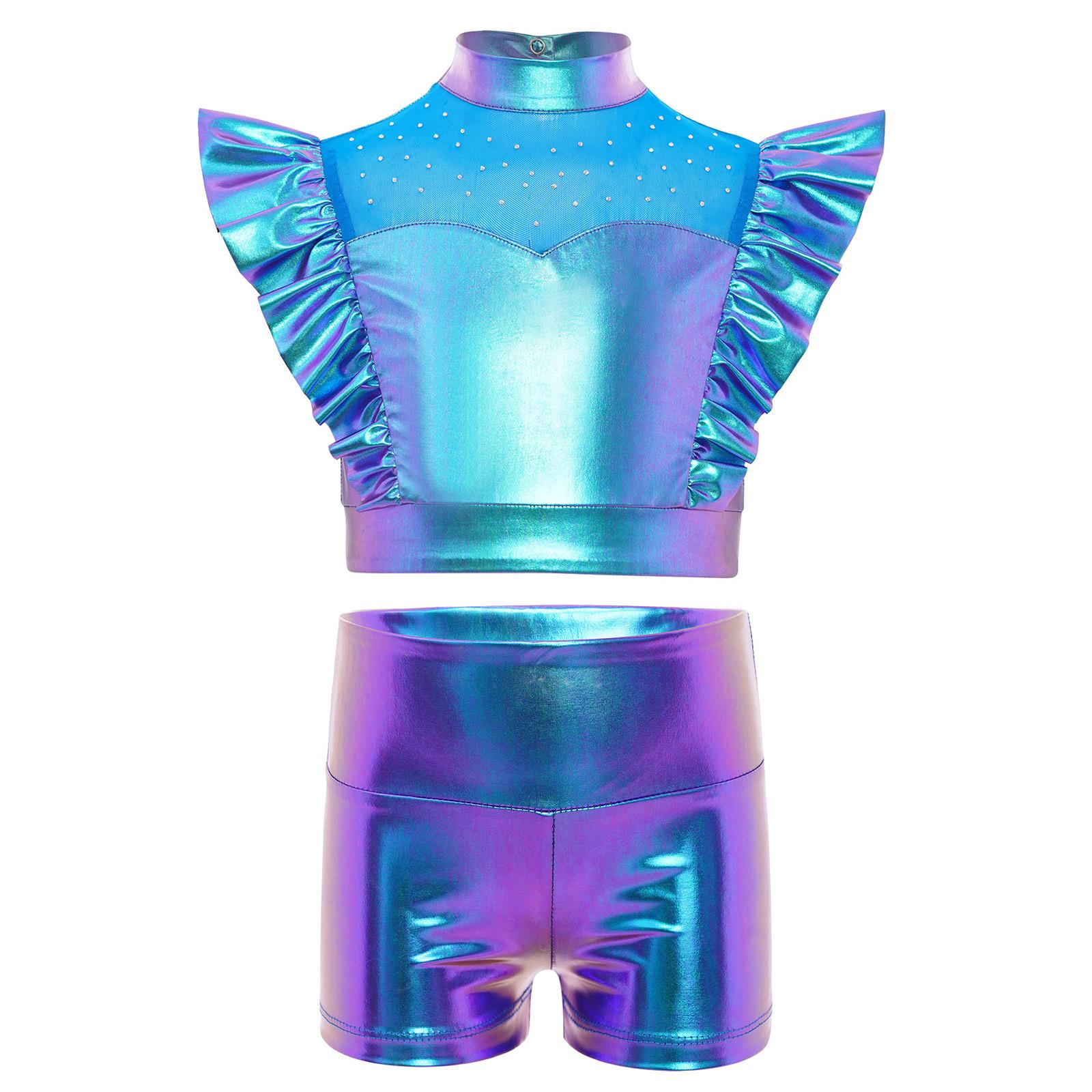 

Girls Jazz Dance Outfit Mock Neck Rhinestone Mesh Patchwork Sleeveless Metallic Ruffle Crop Top Shiny Shorts 5-6 Years синій