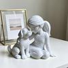 Girl And Dog Statue Nordic Style Desktop Girl Dog Figurine for Bedroom Living Room Home Office Shelf Desk Decor